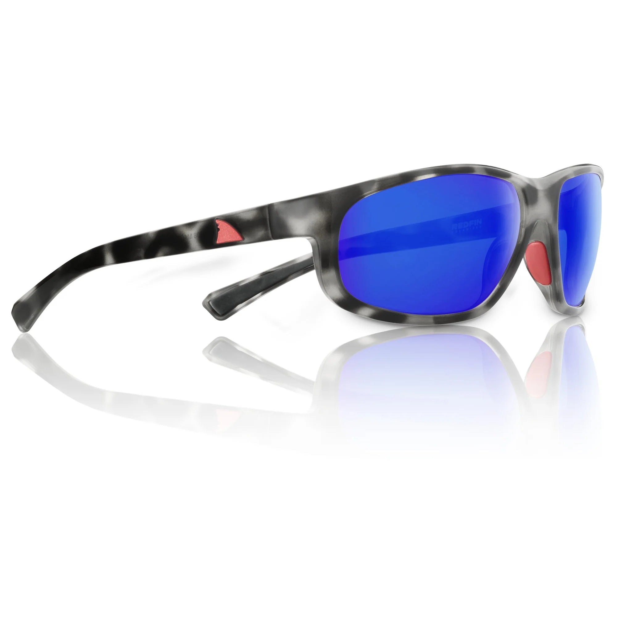 Sunglasses with blue lenses and black frame on a white background